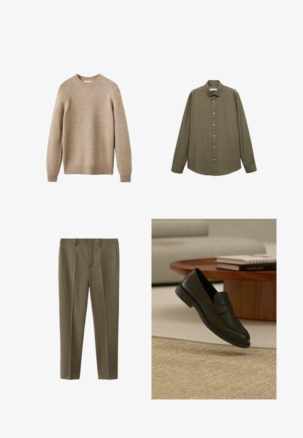 Beige strikket sweater med rund hals, ribbestrikkede manchetter og kant. Har en struktureret overflade og raglanærmer. Klassisk pasform.; Oliven grøn langærmet skjorte med spidse kraver, frontknaplukning og struktureret pasform. Glat tekstur og skræddersyet design.; Skræddersyede bukser i en medium olivengrøn farve, lavet af et glat stof med en lige pasform, med forreste læg og sidelommer.; Sort læderloafer vist i luften over en beige vævet tæppe, med et træbord og stablede bøger i et blødt oplyst stue.