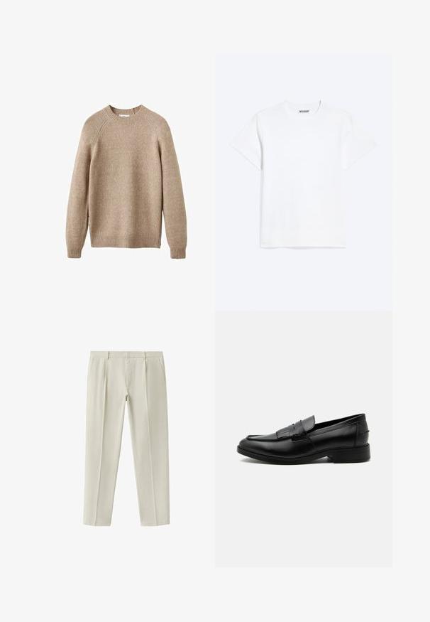 Suéter de punto beige con cuello redondo, puños y dobladillo acanalados. Presenta un acabado texturizado y mangas raglán. Ajuste clásico.; Camiseta blanca lisa de manga corta con cuello redondo y una etiqueta "WEEKDAY" en el interior del cuello trasero, mostrada sobre un fondo claro.; Pantalones beige claro de corte recto con bolsillos laterales y presillas para cinturón, expuestos sobre un fondo blanco.; Mocasín negro de cuero para hombre con detalle de borlas, punta redondeada, tacón bajo y acabado liso y pulido, mostrado de lado sobre un fondo blanco.
