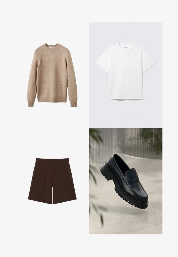 Pull en tricot beige avec un col rond, des poignets et un ourlet côtelés. Présente une finition texturée et des manches raglan. Coupe classique.; T-shirt blanc à manches courtes et col rond, étalé à plat, design uni, avec l'étiquette "WEEKDAY" à l'intérieur du col sur un fond clair.; Shorts marron foncé coupés au genou, cintrés avec passants de ceinture et plis sur le devant, présentés à plat sur fond blanc.; Mocassins en cuir noir avec une semelle à crampons épaisse, dotés d'une sangle décorative et de détails de couture. Texture lisse avec une finition polie.
