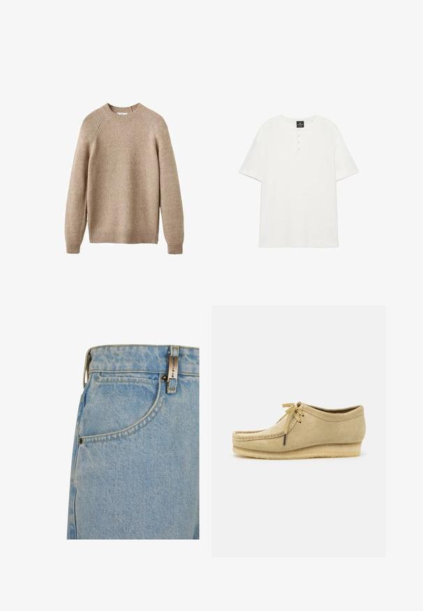 Beige strikket sweater med rund hals, ribbestrikkede manchetter og kant. Har en struktureret overflade og raglanærmer. Klassisk pasform.; Hvid Henley t-shirt med korte ærmer, rund halsudskæring og fire hvide knapper på frontpladen.; Lyseblå denimjeans med høj talje, forlommer, gule syninger og et metalmærke på livremmen.; Beige suedestøvle med snørebåndsdesign, syede detaljer og gummisål. Formen er afslappet med en let hæl.