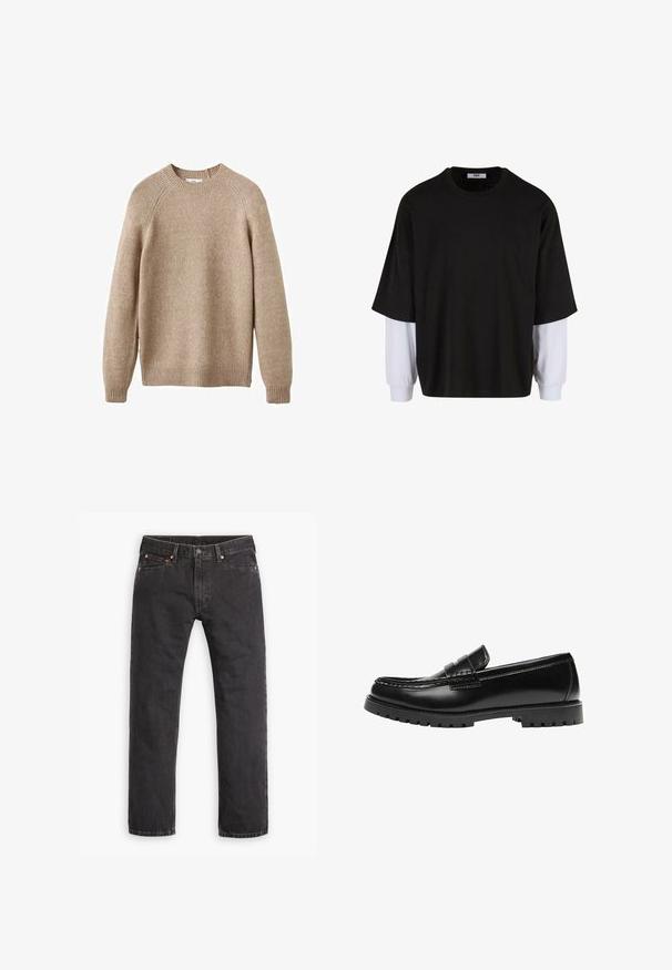 Beige strikket sweater med rund hals, ribbestrikkede manchetter og kant. Har en struktureret overflade og raglanærmer. Klassisk pasform.; Sort kortærmet top med hvide lange ærmer lagdelt nedenunder, lavet af blødt stof, med en rund halsudskæring og en afslappet pasform.; Sorte straight-leg denim jeans med fem lommer, knaplukning og copper nitter liggende fladt på en hvid baggrund.; Sort læderloafer med en kraftig gummisål og klassiske penny-strap detaljer, vist fra ydersiden.