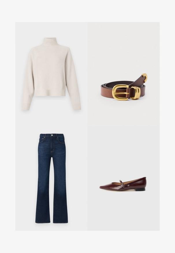 Lys beige turtleneck sweater lavet af blødt stof. Har en afslappet pasform, ribbet kant og manchetter samt lange ærmer. Minimalistisk design.; Mørkeblå flared jeans lavet af denim, med høj talje, fem-lomme-design og klassiske syningsdetaljer. Glat tekstur.; Burgundyrød patenteret lædersko med spids tå og en dekorativ rem over vristen. Har en lav sort hæl.; Brunt læderbælte med en glat tekstur, spænde i guldfarvet metal og buede detaljer. Flere huller for justerbar størrelse.