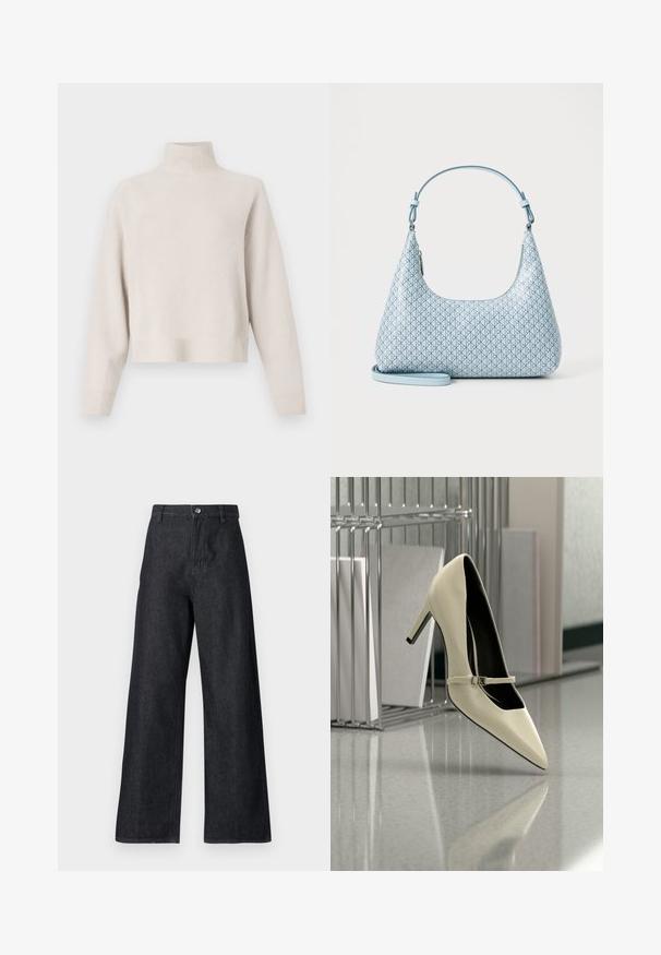Suéter de cuello alto color beige claro, fabricado con una tela suave. Presenta un corte relajado, dobladillos y puños acanalados, y mangas largas. Diseño minimalista.; Pantalones de mezclilla de pierna ancha en azul oscuro. Presentan una cintura alta, cierre de cremallera con botón y una textura suave con detalles de costura mínimos.; Zapato de tacón alto color crema con una correa delgada, colocado sobre un suelo reflectante cerca de un organizador de archivos metálico con papeles.; Bolso de mano azul claro con un acabado suave y texturizado, que presenta un patrón geométrico de pequeños diamantes y una correa desmontable para mayor versatilidad.