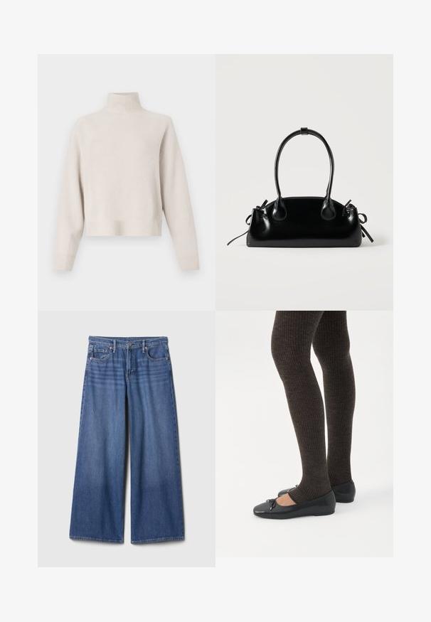 Lys beige turtleneck sweater lavet af blødt stof. Har en afslappet pasform, ribbet kant og manchetter samt lange ærmer. Minimalistisk design.; Vidbenede cowboybukser i mediumblå med høj talje, fem lommer og syningsdetaljer. Glat tekstur, udekoreret finish.; Ben iført mørke ribbede leggings kombineret med sorte balletsko med små sløjfedetaljer på hvid baggrund.; Lille sort blank håndtaske med to lange håndtag og snøre-detaljer i siden på en ensfarvet lys baggrund.