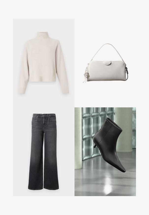 Pull à col roulé beige clair en tissu doux. Dispose d'une coupe décontractée, d'un ourlet et de poignets côtelés, et de manches longues. Design minimaliste.; Jean en denim gris foncé à jambe large avec un dégradé subtil, doté d'une fermeture à bouton, de cinq poches et d'un ourlet droit au niveau de la cheville.; Bottine en cuir noir avec bout pointu et petit talon, présentée devant un mur en blocs de verre et un sol poli.; Sac à main rectangulaire blanc Calvin Klein avec une seule poignée, design minimaliste et pampilles décoratives avec un charm métallique géométrique sur le côté.