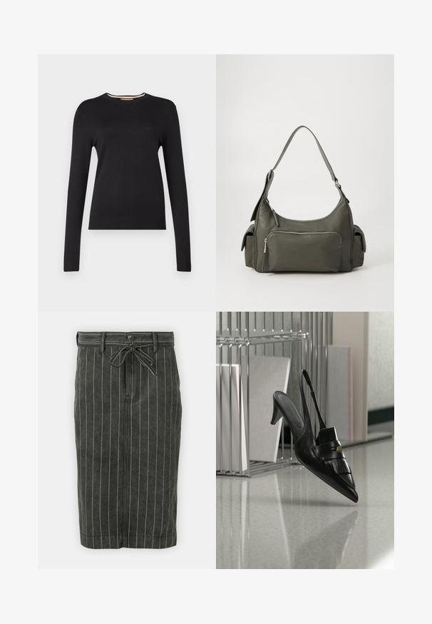 Pull noir à manches longues en matériau tricoté lisse. Présente un col et des poignets côtelés, avec une silhouette ajustée et sans motifs visibles.; Jupe en denim gris foncé avec des rayures verticales blanches, une fermeture à boutons à l'avant et une ceinture à cordon noué. Longueur mi-mollet, coupe droite.; Chaussure à talon slingback en cuir noir à bout pointu avec franges et bouton doré, sur un sol réfléchissant près de porte-dossiers métalliques.; Sac à épaule en cuir vert avec un design arrondi, poche zippée à l'avant et poches supplémentaires sur les côtés. Texture lisse et matériel minimal.