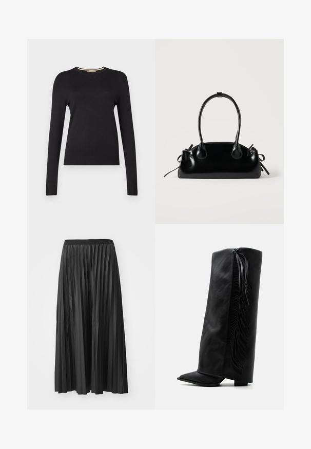 Pull noir à manches longues en matériau tricoté lisse. Présente un col et des poignets côtelés, avec une silhouette ajustée et sans motifs visibles.; Jupe maxi plissée noire avec une texture lisse et une taille élastique, dotée de plis verticaux qui créent du volume et du mouvement.; Botte noire en cuir montante jusqu’au genou avec bout pointu et franges décoratives le long du côté extérieur sur fond blanc uni.; Petit sac à main noir brillant avec deux longues anses et des détails à cordon sur les côtés sur un fond clair uni.