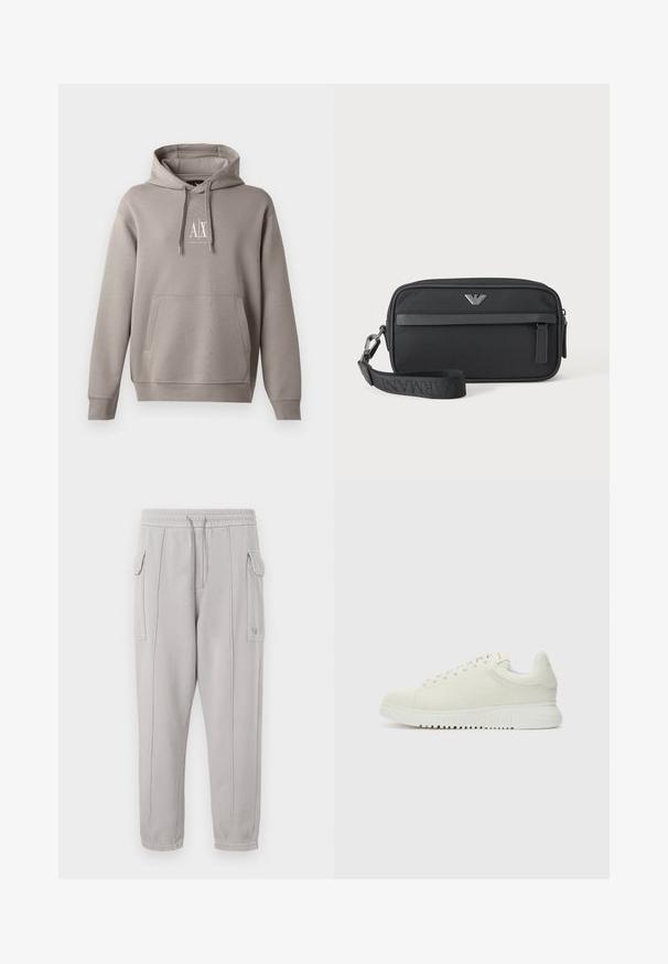 Grijze hoodie met een centrale kangoeroezak, verstelbare trekkoordkap, en een klein wit logo op de borst. Zachte stofkwaliteit.; Grijze trainingbroek met elastische tailleband, zijzakken en gestikt detail dat verticaal langs de benen loopt. Katoenmengsel textuur.; Witte leren sneaker met een textuur bovenkant, ronde neus, vlakke witte zool en tonale veters. Subtiele branding op de tong.; Zwarte rechthoekige polstas met voorvak met rits, zilveren logo-embleem en afneembare band met merktekst.