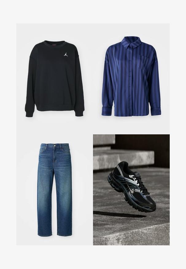 Sweatshirt noir en coton, avec un col rond, des manches longues, des poignets et un bas en côtes, arborant un logo Jumpman blanc sur la poitrine.; Chemise rayée bleu marine avec col, poche poitrine et manches longues. Fabriquée en tissu lisse et brillant avec une coupe ample.; Jean en denim bleu, design à jambes larges, taille mi-haute, décoloration subtile, style cinq poches, avec fermeture à bouton et à glissière, ourlet droit.; Chaussure de running Nike noire et argent flottant au-dessus de marches en béton, montrant un design détaillé et une semelle texturée en extérieur.