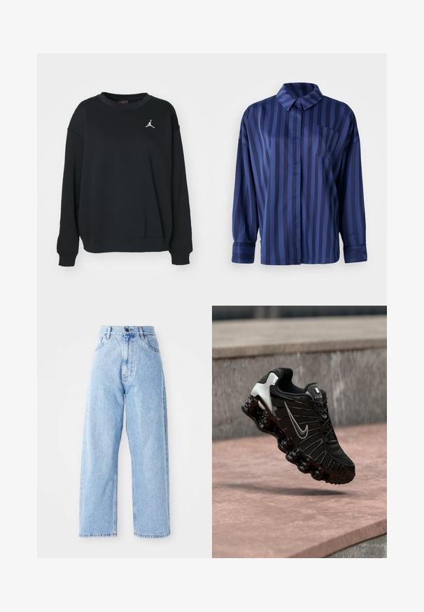 Zwarte sweatshirt van katoen, met een ronde hals, lange mouwen, ribbelboorden en -zoom, met een wit Jumpman-logo op de borst.; Marineblauw gestreepte shirt met kraag, borstzak en lange mouwen. Gemaakt van een gladde, glanzende stof met een losse pasvorm.; Hogewaisted lichtblauwe denim jeans met rechte wijde pijpen, voorste knoop, ritssluiting en voor- en achterkant zakken.; Zwarte sportschoen met een bovenwerk van getextureerd mesh, zilverkleurige accenten en een dikke, glanzende zwarte zool met afgeronde dempingselementen.