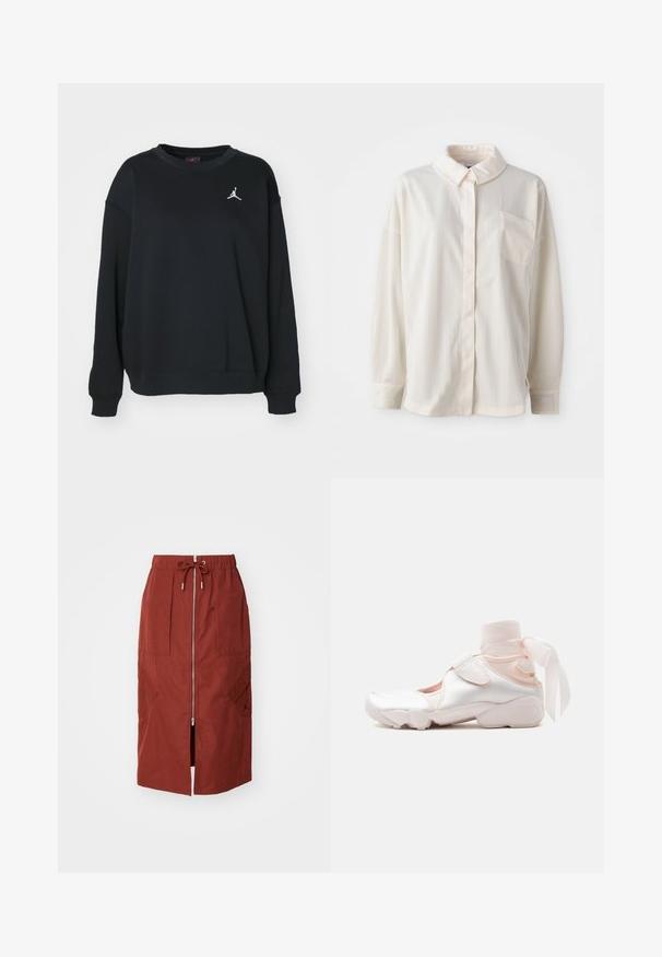 Schwarzer Pullover aus Baumwolle, mit rundem Ausschnitt, langen Ärmeln, gerippten Bündchen und Saum, versehen mit einem weißen Jumpman-Logo auf der Brust.; Weißes Hemd mit Kragen, Knopfleiste und vertikalen Streifen, langen Ärmeln, einer einzigen Brusttasche, aus glattem Stoff mit weicher Textur.; Midikleid in terrakottarot, mit einem Frontreißverschluss, elastischem Bund mit Kordelzug und seitlichen Taschen mit geometrischem Design.; Weißer und hellrosa Sneaker mit weichem Stoffknöchelwickel, der zu einer Schleife gebunden ist, mit verstellbarem Riemen und abgerundeter Sohle.