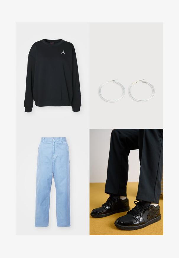 Schwarzer Pullover aus Baumwolle, mit rundem Ausschnitt, langen Ärmeln, gerippten Bündchen und Saum, versehen mit einem weißen Jumpman-Logo auf der Brust.; Hellblaue Denim-Hosen mit geradem Bein, Knopfverschluss und Fronttaschen. Der Stoff hat eine dezente Textur mit einer glatten Oberfläche.; Schwarze Nike-Sneaker mit einer strukturierten Lackleder-Oberfläche, Gummisohle und runden Schnürsenkeln, getragen mit schwarzen Hosen und weißen Socken.; Paar glänzende silberne Creolen mit dünnen Drahtverschlüssen, dargestellt vor einem hellgrauen Hintergrund.