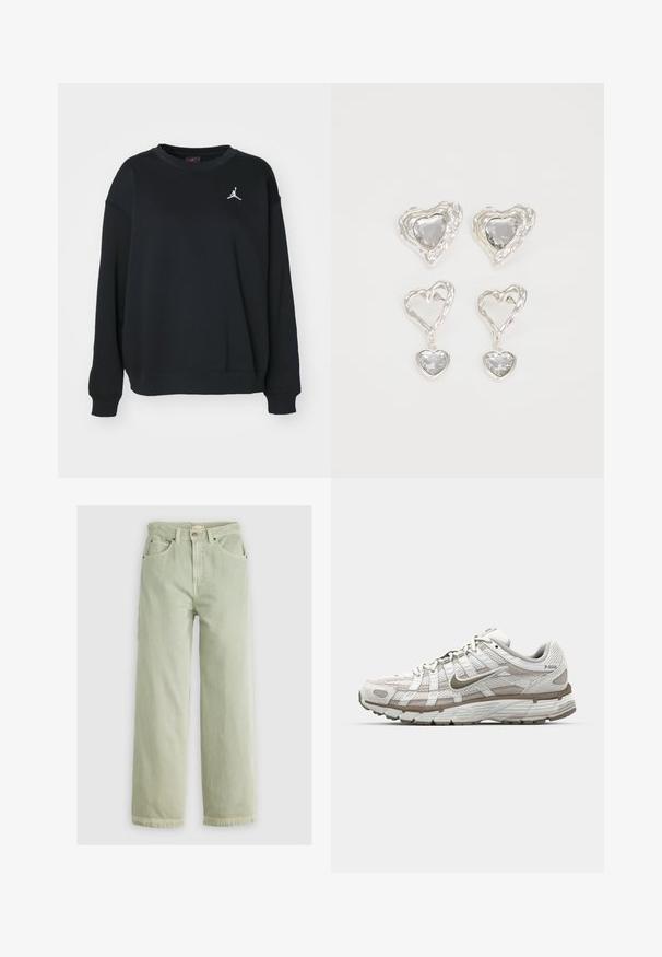 Schwarzer Pullover aus Baumwolle, mit rundem Ausschnitt, langen Ärmeln, gerippten Bündchen und Saum, versehen mit einem weißen Jumpman-Logo auf der Brust.; Hellgrüne Jeans mit hoher Taille und geradem Bein, Vorder- und Gesäßtaschen, Knopfverschluss und Gürtelschlaufen vor einfarbigem Hintergrund.; Weißer Sportschuh mit einem Obermaterial aus Mesh, hellbraunen Akzenten und einer gepolsterten Sohle. Verfügt über eine Schnürung und beschriftete Seiten.; Silberne herzförmige Ohrringe mit facettierten klaren Steinen und einem strukturierten Rahmen. Das Set umfasst Stecker- und Anhänger-Stile.