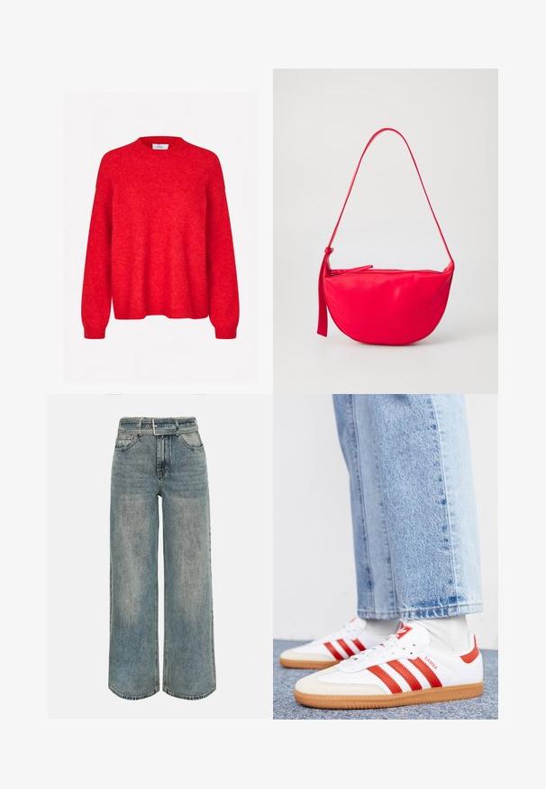 Envii ADA - Pullover - salsa melange; Jean taille haute à jambes larges en denim bleu délavé avec une ceinture en denim assortie et un design classique à cinq poches.; Baskets en cuir blanc avec des rayures et des accents rouges. Dotées d'une semelle extérieure en gomme texturée et d'un col rembourré. Portées avec un jean en denim bleu clair.; Sac à épaule en cuir rouge avec une forme courbée, une fermeture éclair et une fine sangle réglable. Texture lisse avec des détails de couture.