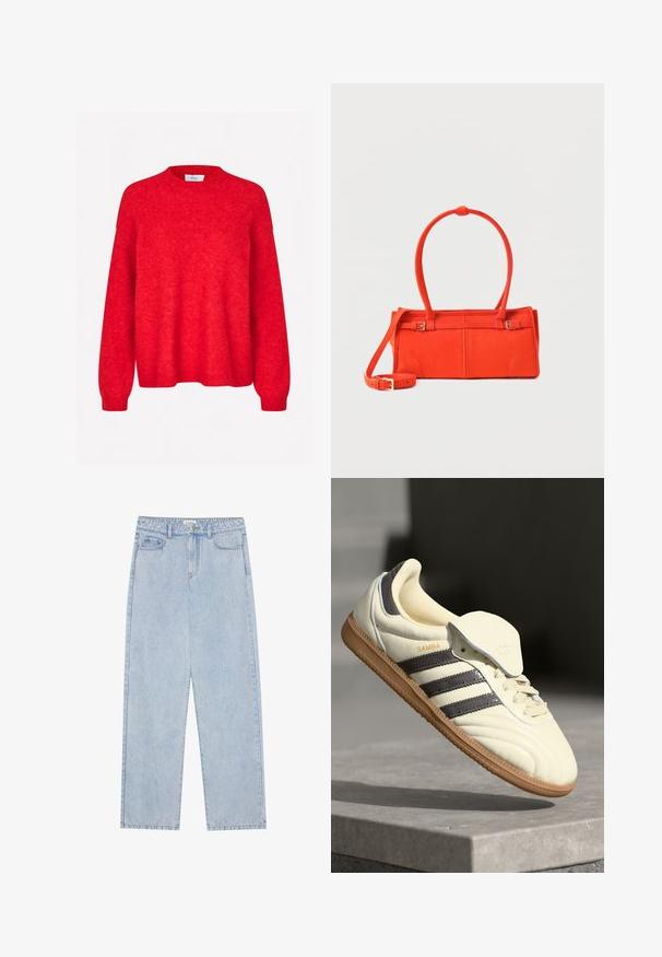 Envii ADA - Pullover - salsa melange; Jeans en denim bleu clair taille haute, avec une coupe droite, cinq poches et des coutures visibles. Le matériau a une texture de lavage classique.; Baskets en cuir crème avec trois bandes sombres, une semelle extérieure en gomme marron et un bout arrondi. Présentent une languette pliable étiquetée "SAMBA."; Petit sac à main rectangulaire orange avec double poignée, bandoulière longue amovible et détails à boucle sur un fond clair.
