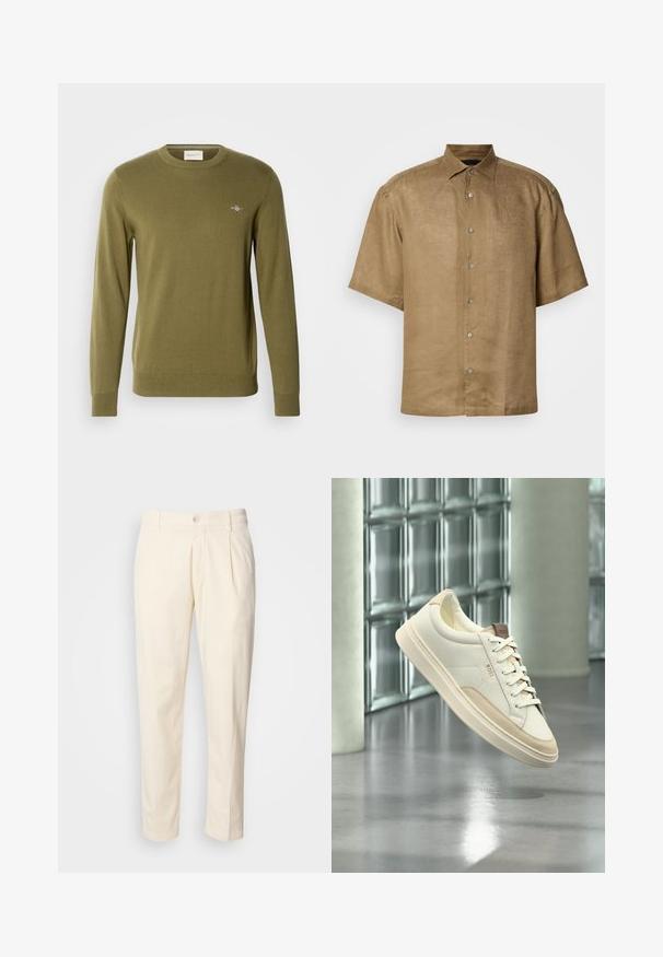 Olivengrøn striktrøje med rund hals, lange ærmer og ribstrikkede manchetter og kant. Har et lille broderet logo på brystet.; Kortærmet, button-up skjorte i lys brun linned med en tekstureret finish, der har en standardkrave og seks knapper foran.; Krèmfargede bomuldsbukser med lige ben-design, der har frontfolder, knaplukning og sidelommer. Glat tekstur.; Hvid lavtop sneaksko med beige accenter og snørebånd, mærket "BOSS", svæver over en poleret gulv med en glasblokvæg i baggrunden.