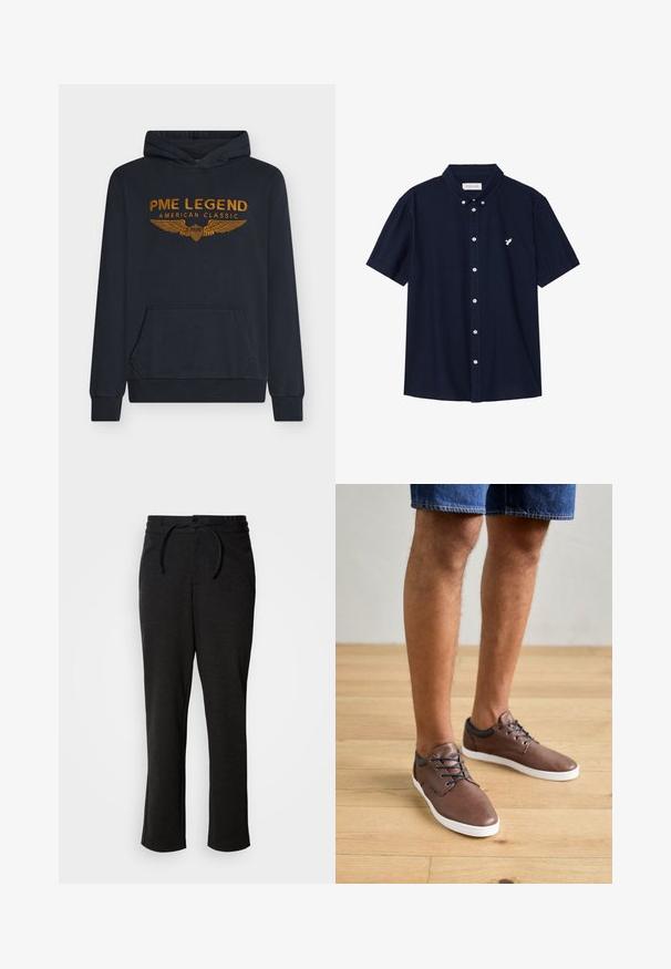 Marineblå hættetrøje lavet af blødt stof med orange broderet tekst "PME LEGEND AMERICAN CLASSIC" med vinge-design og en forlomme.; Marineblå kortærmet skjorte med knapper lavet af bomuld, med en spids krave og et lille hvidt fuglelogo på brystet.; Sorte strikbukser med snoreliv, lige ben og sidelommer. Blød tekstur med en glat overflade.; Brune læder sneakers har en afrundet tå, sorte accenter ved kraven og blå snørebånd, sat mod et lyst trægulv.