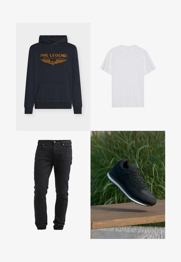 Marineblauwe hoodie van zachte stof met oranje geborduurde tekst "PME LEGEND AMERICAN CLASSIC" met vleugelontwerp en een voorkantzak.; Witte katoenen T-shirt met korte mouwen, een ronde hals en een gladde textuur. Heeft minimale branding op de halslijn.; Zwarte slim-fit jeans met knoop- en ritssluiting, vijf zakken en elastische boorden bij de enkels.; Zwarte sportieve schoen met een gestructureerde bovenkant, vetersluiting en contrasterende witte tussenzool; in de lucht weergegeven boven een houten oppervlak.
