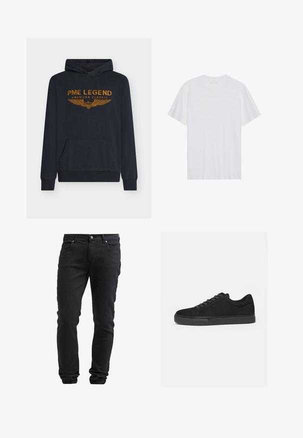 Sudadera con capucha azul marino hecha de tela suave, con texto bordado en naranja "PME LEGEND AMERICAN CLASSIC" acompañado de un diseño de alas y un bolsillo frontal.; Camiseta de algodón blanca con mangas cortas, cuello redondo y una textura suave. Presenta una marca mínima en el escote.; Jeans negros slim fit con cierre de botón y cremallera, cinco bolsillos y puños elásticos en los tobillos.; Zapatilla deportiva negra de corte bajo con cordones delanteros y suela de goma plana, mostrada de lado sobre un fondo blanco.