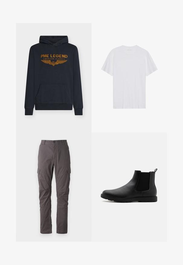 Marineblå hættetrøje lavet af blødt stof med orange broderet tekst "PME LEGEND AMERICAN CLASSIC" med vinge-design og en forlomme.; Hvid bomulds T-shirt med korte ærmer, rund hals og en glat tekstur. Har minimal branding på halsudskæringen.; Grå cargo bukser med lige snit, der har flere sidelommer og forstærket syning langs benene. Lavet af slidstærkt stof.; Sorte læder Chelsea støvle med elastiske sidepaneler, en trækflap og en holdbar gummisål. Glat tekstur og strømlinet design.