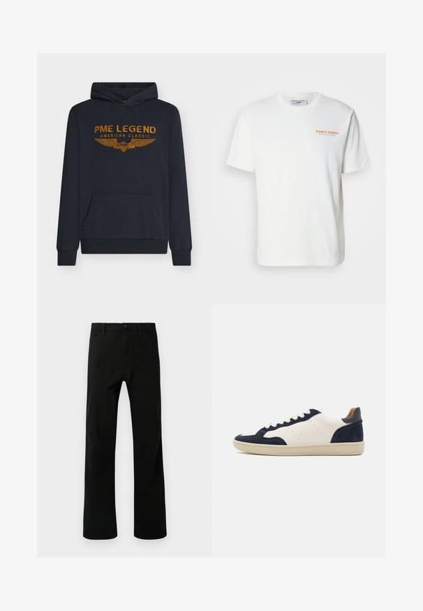 Marineblauwe hoodie van zachte stof met oranje geborduurde tekst "PME LEGEND AMERICAN CLASSIC" met vleugelontwerp en een voorkantzak.; Witte katoenen t-shirt met korte mouwen, ronde halslijn, met "EARLY BIRDS" in oranje tekst op de linker borst. Zachte textuur.; Zwarte rechte broek met voorzakken, knoopsluiting en lussen voor een riem, weergegeven tegen een witte achtergrond.; Leren en suede sneakers in marineblauw en crème met een rubberen zool, ronde neus en witte veters. Heeft geperforeerde accenten aan de zijkanten.