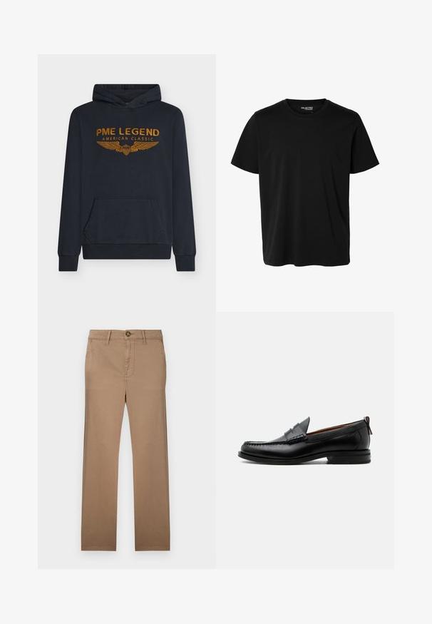 Marineblauwe hoodie van zachte stof met oranje geborduurde tekst "PME LEGEND AMERICAN CLASSIC" met vleugelontwerp en een voorkantzak.; Effen zwarte korte mouwen t-shirt met ronde hals in mannenmodel, zonder zichtbare patronen of logo's aan de voorkant.; Khaki chinos met een recht gesneden ontwerp, gemaakt van zachte katoenen stof, met een sluiting met één knoop en riemlussen.; Zwarte leren herensloffen met moc toe stiksel, pennyriem, gestructureerde kraag en lage gestapelde hak op witte achtergrond.