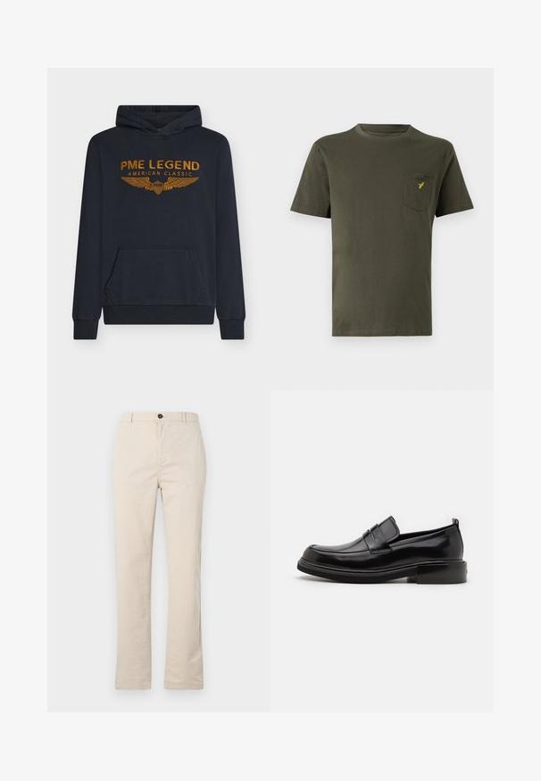 Sweat à capuche bleu marine en tissu doux avec un texte brodé orange "PME LEGEND AMERICAN CLASSIC" accompagné d'un motif d'ailes et une poche avant.; T-shirt en coton vert olive avec un col rond, des manches courtes et une poche sur la poitrine gauche ornée d'un petit logo jaune. Texture lisse.; Pantalons en coton beige clair avec une coupe droite, dotés d'une fermeture à bouton à l'avant, d'une braguette zippée et de détails de couture minimalistes.; Calvin Klein MOCCASIN - Mocassins de ville - black