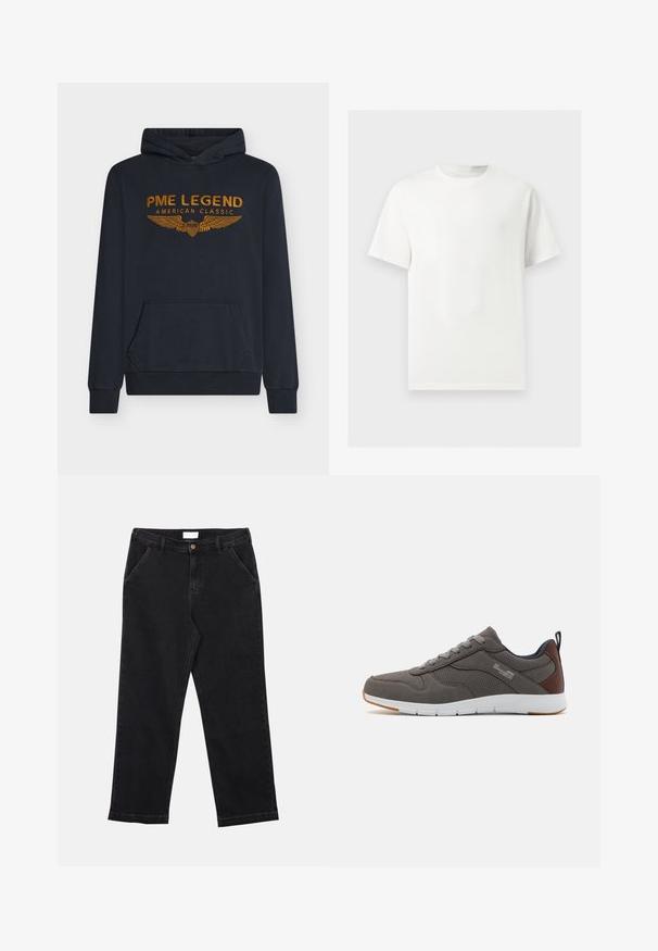 Marineblauwe hoodie van zachte stof met oranje geborduurde tekst "PME LEGEND AMERICAN CLASSIC" met vleugelontwerp en een voorkantzak.; Effen wit T-shirt met korte mouwen en ronde hals, weergegeven op een lichtgrijze achtergrond.; Zwarte spijkerbroek met rechte pijpen, voorzien van een knoopsluiting, vier zakken en een gestructureerde stof. Eenvoudig en veelzijdig ontwerp.; Grijze sneaker met geperforeerd mesh en suede. Kenmerkt zich door bruine accenten en een witte zool. Vetersluiting met een trekstrip aan de hiel.