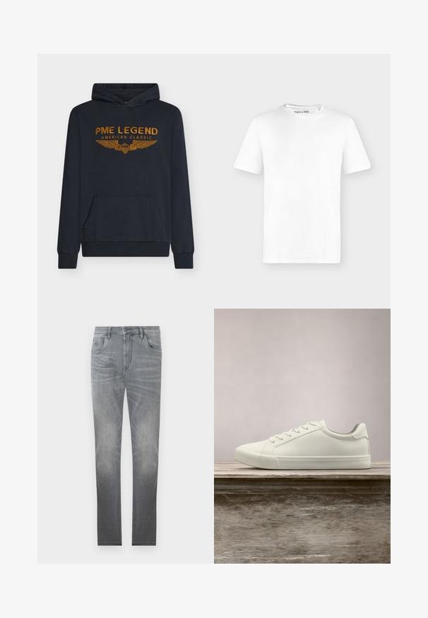 Marineblauwe hoodie van zachte stof met oranje geborduurde tekst "PME LEGEND AMERICAN CLASSIC" met vleugelontwerp en een voorkantzak.; Effen wit T-shirt met korte mouwen en een ronde hals, voorkant getoond tegen een lichtgrijze achtergrond zonder zichtbare logo's.; Grijze denimjeans met een vervaagd ontwerp, vijf-pocket stijl, knoopsluiting en rechte pijpen. Glad textuur met lichte slijtage aan de randen.; Witte vetersneaker die boven een houten bank zweeft met groene bladeren op de achtergrond, waarbij het ontwerp en de textuur van de schoen worden getoond.