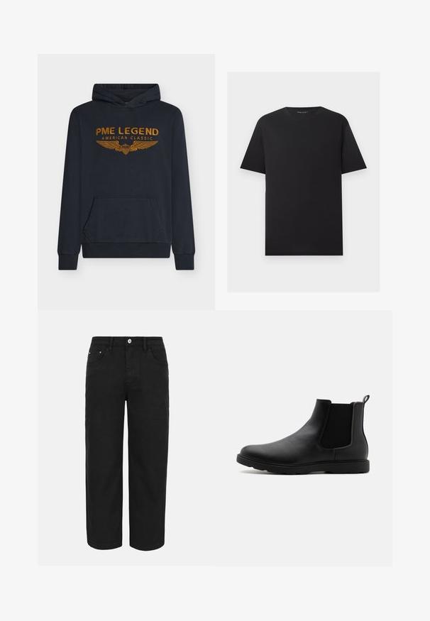 Marineblauwe hoodie van zachte stof met oranje geborduurde tekst "PME LEGEND AMERICAN CLASSIC" met vleugelontwerp en een voorkantzak.; Zwarte T-shirt met korte mouwen en ronde hals met een effen ontwerp, plat weergegeven op een lichtgrijze achtergrond.; Zwarte rechte broek met knoop- en ritssluiting aan de voorkant, riemlussen en drie voorzakken op een effen lichte achtergrond.; Zwarte leren Chelsea-laars met elastische zijpanelen, een trekhaak en een duurzame rubberen zool. Glad oppervlak en gestroomlijnd ontwerp.