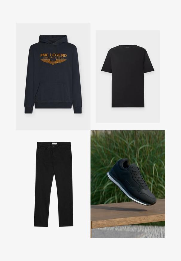 Marineblå hættetrøje lavet af blødt stof med orange broderet tekst "PME LEGEND AMERICAN CLASSIC" med vinge-design og en forlomme.; Sort T-shirt med korte ærmer og rund hals med ensfarvet design, vist fladt på en lysegrå baggrund.; Sorte lige ben jeans med fem-lomme design, knap- og lynlåslukning samt et Pier One mærkeetiket på taljen.; Sort atletisk sko med tekstureret overdel, snørebåndsdesign og kontrasterende hvid mellemsål; vist i luften over en træoverflade.