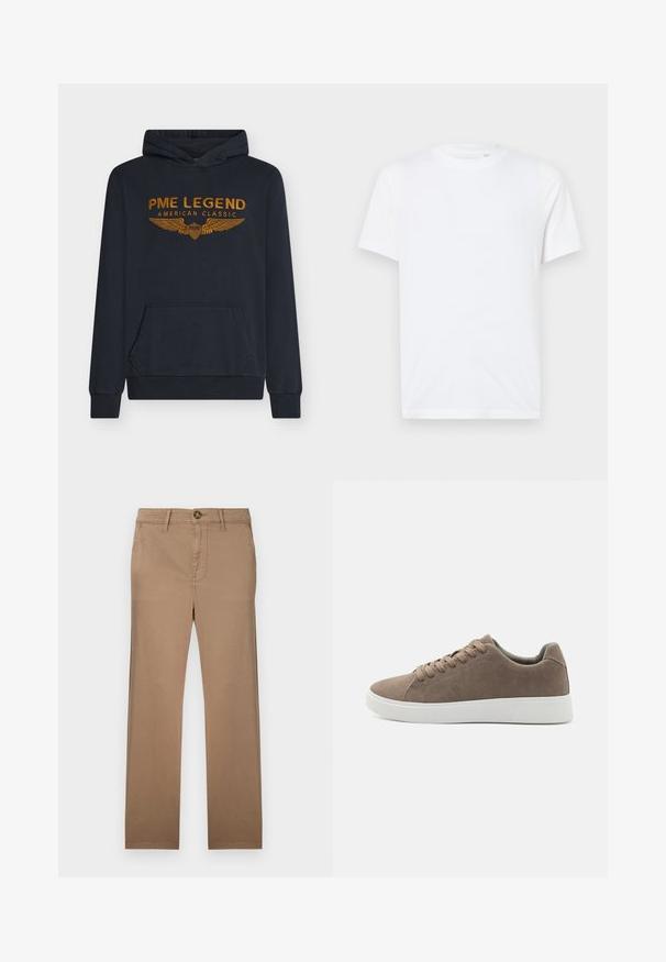 Marineblauwe hoodie van zachte stof met oranje geborduurde tekst "PME LEGEND AMERICAN CLASSIC" met vleugelontwerp en een voorkantzak.; Witte katoenen t-shirt met een ronde hals en korte mouwen. Bevat een klein, reliëf logo op de linkerkant van de borst. Gladde textuur.; Khaki chinos met een recht gesneden ontwerp, gemaakt van zachte katoenen stof, met een sluiting met één knoop en riemlussen.; Bruine suède sneakers met platte witte rubberen zolen, vetersluiting, ronde neus en een gladde textuur. Minimalistische stijl met subtiele stikdetails.
