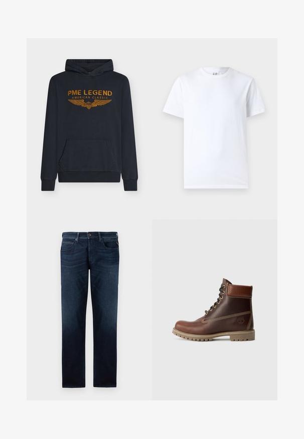 Marineblauwe hoodie van zachte stof met oranje geborduurde tekst "PME LEGEND AMERICAN CLASSIC" met vleugelontwerp en een voorkantzak.; Witte katoenen T-shirt met ronde halslijn en korte mouwen. Eenvoudig ontwerp zonder patronen of graphics, met GAP-merk op de kraag.; Donkerblauwe denim jeans met een rechte pijpdesign, vijf-pocketstijl en een zichtbare knoopsluiting in de taille. Soepele textuur.; Bruine leren veterschoen tot de enkel met gevoerde kraag, contrasterende stiksels en een robuuste zool, getoond vanaf de buitenkant op een witte achtergrond.
