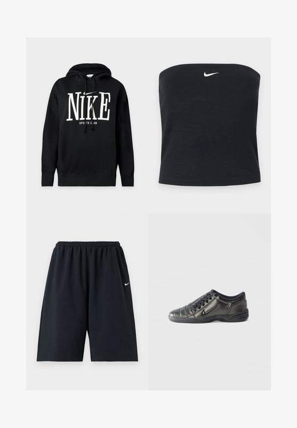 Black hoodie with white "NIKE" text and swoosh logo above "SPORTS CLUB" on the front, featuring a drawstring hood and ribbed cuffs and hem.; Black Nike strapless tube top with white swoosh logo centered near the upper edge, plain background.; Black Nike athletic shorts with elastic waistband and small white swoosh logo on right thigh, displayed against a plain background.; Black low-top Nike sneaker with laces, stitched detailing, and a textured sole against a plain white background.