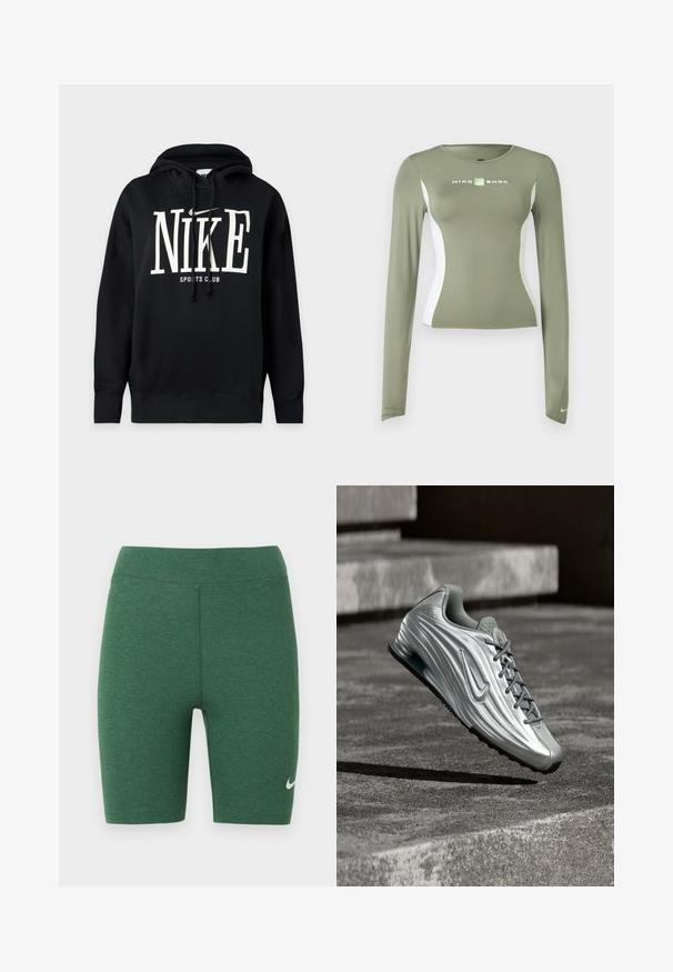 Black hoodie with white "NIKE" text and swoosh logo above "SPORTS CLUB" on the front, featuring a drawstring hood and ribbed cuffs and hem.; Olive green long-sleeve Nike Shox top with white side panels and neon green accents, fitted cut, and small swoosh logo on sleeve cuff.; Green athletic shorts made of stretch fabric. High waist design with flat seams and a white Nike logo on the lower left leg.; Silver Nike sneaker with textured side design and gray laces floating above concrete steps in muted outdoor setting.