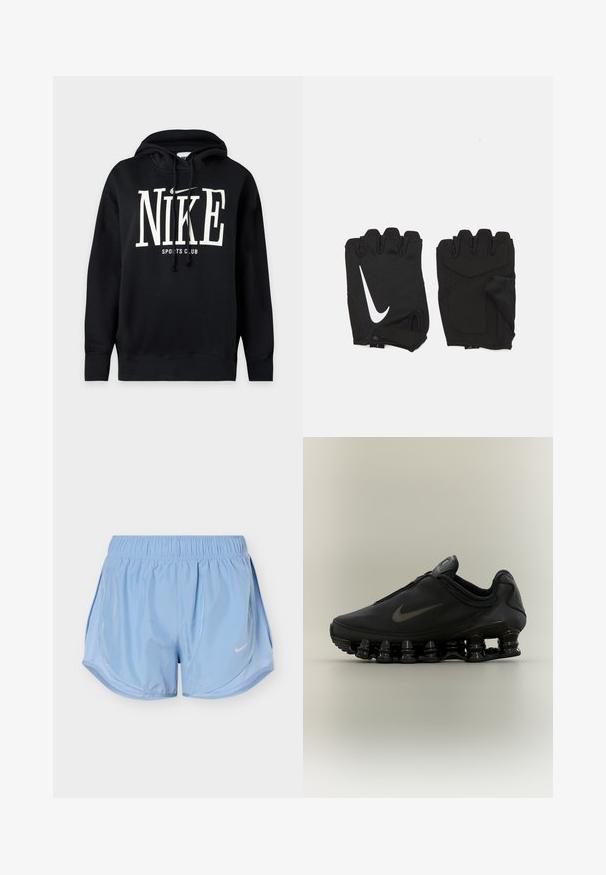 Μαύρο φούτερ με κουκούλα, με λευκό κείμενο "NIKE" και λογότυπο Swoosh πάνω από "SPORTS CLUB" στο μπροστινό μέρος, διαθέτει κουκούλα με κορδόνια και ριμπ μανσέτες και τελείωμα.; Ανοιχτό μπλε αθλητικό σορτς με ελαστική μέση, καμπυλωτές πλευρικές ραφές και λευκό λογότυπο Nike swoosh στο μπροστινό δεξί πόδι.; Μαύρο αθλητικό παπούτσι Nike με φερμουάρ στο πάνω μέρος και χαρακτηριστική σόλα με τμηματικές ελαστικές άνοιξη, παρουσιάζεται σε πλάγια όψη πάνω σε ουδέτερο φόντο.; Μαύρα γάντια γυμναστικής χωρίς δάχτυλα κατασκευασμένα από αναπνεύσιμο ύφασμα, με λευκό λογότυπο Nike, μαξιλαρωμένα παλάμες και ανοιχτό σχέδιο καρπού για ευελιξία.