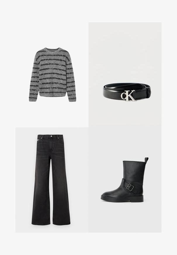 Pull en tricot gris avec des rayures noires horizontales, col rond et texture côtelée. Il possède des manches longues et un ourlet arrondi.; Jean en denim noir à jambes larges avec fermeture avant par bouton et zip, passants pour ceinture, et style cinq poches.; Bottines en cuir noir avec un bout arrondi, une semelle plate et un accent de boucle en argent sur le côté. Présentent une languette à l'arrière.; Ceinture en cuir noir enroulée avec une boucle argentée en forme de logo "cK" affichée sur un fond clair uni.