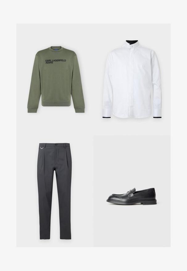 Sweat-shirt manches longues vert olive avec texte noir "KARL LAGERFELD JEANS" sur la poitrine, col rond et poignets et bord-côte à l'ourlet.; Chemise blanche à manches longues avec un col montant, présentant des accents noirs contrastants aux poignets. Fabriquée en tissu lisse, elle est conçue dans un style minimaliste.; Pantalon gris foncé coupe slim avec plis devant, passants de ceinture, fermeture par bouton et un petit anneau en métal sur le côté gauche.; Mocassins en cuir noir avec une finition texturée, dotés d'une bride décorative à l'avant et d'un bout arrondi. Semelle en caoutchouc pour plus de durabilité.