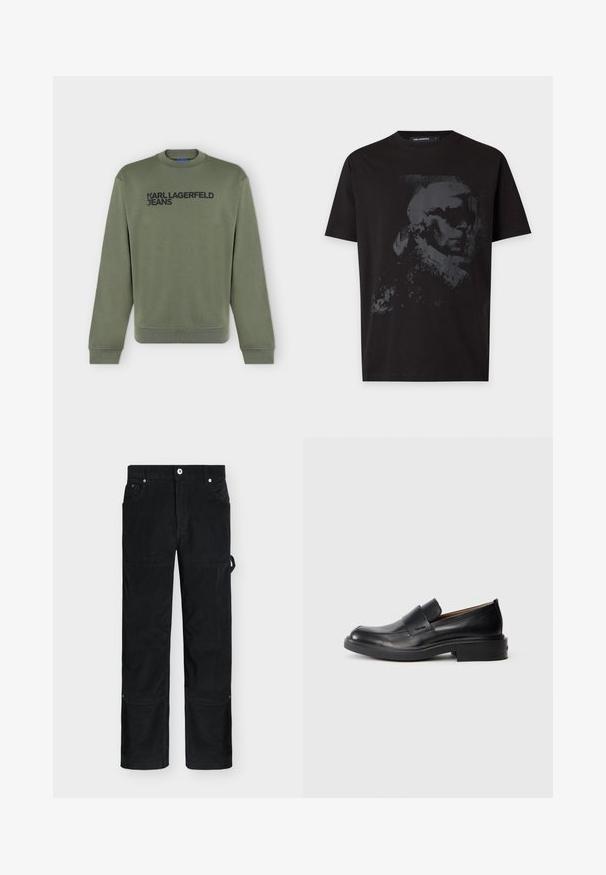 Sweat-shirt manches longues vert olive avec texte noir "KARL LAGERFELD JEANS" sur la poitrine, col rond et poignets et bord-côte à l'ourlet.; T-shirt noir à manches courtes avec un motif gris foncé représentant le profil latéral d’un homme portant des lunettes de soleil et un col montant.; Pantalon en velours côtelé noir à jambes droites avec bouton devant, boucle de poche latérale et renforts aux genoux.; Chaussure habillée noire en cuir, à enfiler, avec un petit talon et un logo Calvin Klein discret sur le côté, présentée de profil sur un fond blanc.