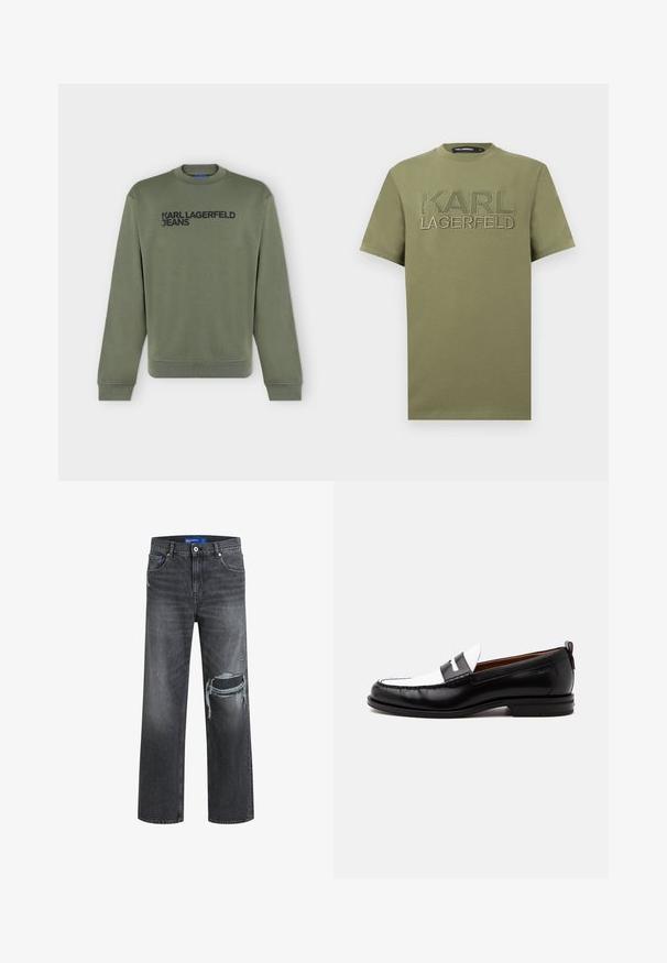 Sweat-shirt manches longues vert olive avec texte noir "KARL LAGERFELD JEANS" sur la poitrine, col rond et poignets et bord-côte à l'ourlet.; T-shirt manches courtes vert olive avec "KARL LAGERFELD" brodé sur la poitrine et un petit logo en silhouette à l'intérieur du "K".; Jean en denim noir avec une coupe décontractée, présentant des détails usés et une jambe large. La texture est lisse avec un léger dégradé.; Mocassin en cuir noir et blanc avec des détails cousus, un petit talon et un design slip-on, présenté de profil sur un fond uni.