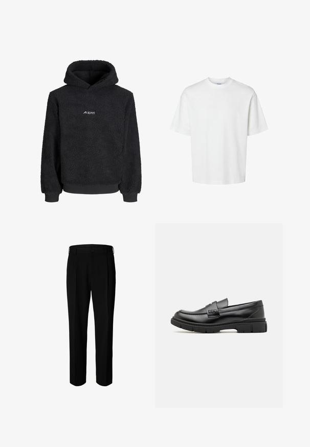 Sweat à capuche en polaire noire avec tissu texturé, manches longues, poignets et ourlet côtelés, et petit logo blanc "aprel" sur la poitrine.; T-shirt blanc uni à manches courtes, col rond et coupe décontractée, présenté sur un fond blanc.; Pantalon formel noir avec passants pour ceinture, bouton frontal et fermeture éclair, présenté sur fond blanc.; Mocassin en cuir noir avec une large sangle sur le devant, semelle en caoutchouc à épaisse rainure, et texture lisse. Design classique et élégant.
