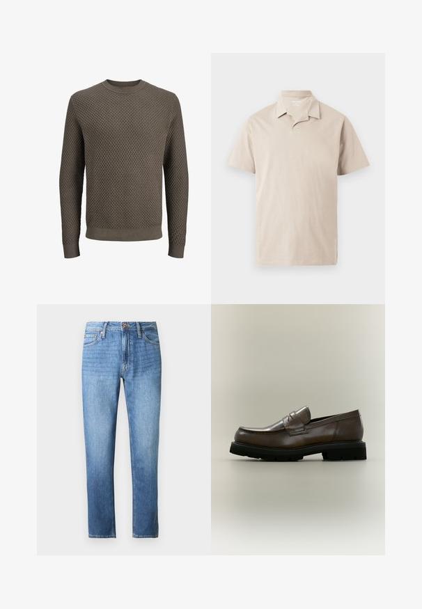 Herrestrikket langærmet sweater i olivengrøn med tekstureret diamantmønster, ribstrikket rund halsudskæring, manchetter og kant.; Beige kortærmet polo-shirt med krave og en delvist åben halsudskæring, vist på en ensartet lys baggrund.; Lyseblå denimjeans med en lige pasform, fem-lomme design og en taljebånd med knap- og lynlås lukning. Glat tekstur.; Brun læderloafer med tyk sort gummisål, lav hæl og en rem over øverste del, vist fra siden på en neutral baggrund.