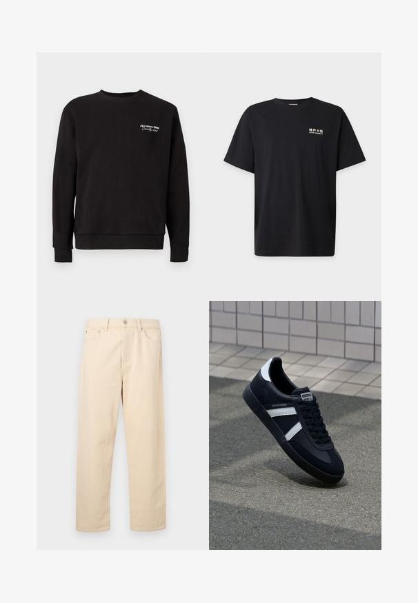 Zwart sweatshirt met een ronde hals, geribbelde manchetten en onderrand. Bevat witte geborduurde tekst met "J&J sinds 1990 Society Club."; Zwart T-shirt met korte mouwen met witte Japanse tekens en tekst ""BEYOND THE NORMALITY"" op de bovenste linkerborst.; Beige jeans met rechte pijpen, een knoop- en ritssluiting, riemlussen en steekzakken aan de voorkant, afgebeeld op een effen achtergrond.; Zwarte leren sneaker met witte strepen, een gestructureerde rubberen zool en vetersluiting aan de voorkant. Voorzien van een merklabel op de tong.