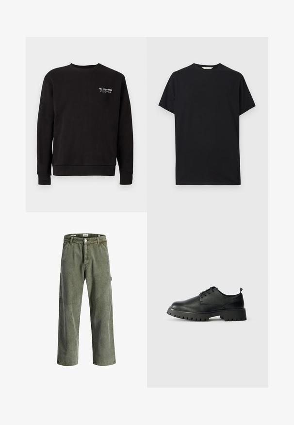 Sort sweatshirt med rund hals, ribbede manchetter og kant. Har hvid broderet tekst, der læser "J&J siden 1990 Society Club."; Sort kortærmet t-shirt lavet af blødt bomuldsstof. Rund halsudskæring med en afslappet pasform, der har rene, enkle linjer og ingen synlige mønstre.; Grønne kordfløjlsbukser med vide ben, der har lodrette striber, en knaplukning og sidelommer. Blød tekstur og afslappet pasform.; Sorte læder snøresko med rund tå, tekstureret overflade og kraftig gummisål med dybe riller for bedre greb.