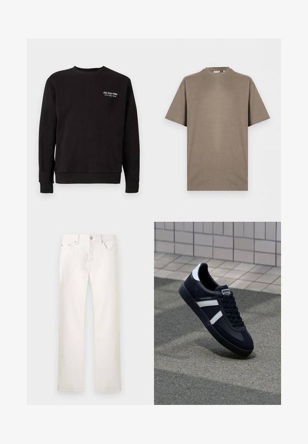 Schwarzer Pullover mit Rundhalsausschnitt, gerippten Bündchen und Saum. Mit weißem gesticktem Text "J&J seit 1990 Society Club".; Schlichtes kurzärmeliges Baumwoll-T-Shirt in Taupe mit Rundhalsausschnitt und entspannter Passform, auf weißem Hintergrund dargestellt.; Weiße Jeans mit geradem Bein, fünf Taschen, Knopfverschluss und Gürtelschlaufen, auf hellem, schlichter Hintergrund präsentiert.; Schwarze Leder-Sneaker mit weißen Streifen, strukturiertem Gummisohle und Schnürung. Verfügt über ein Markenetikett auf der Zunge.