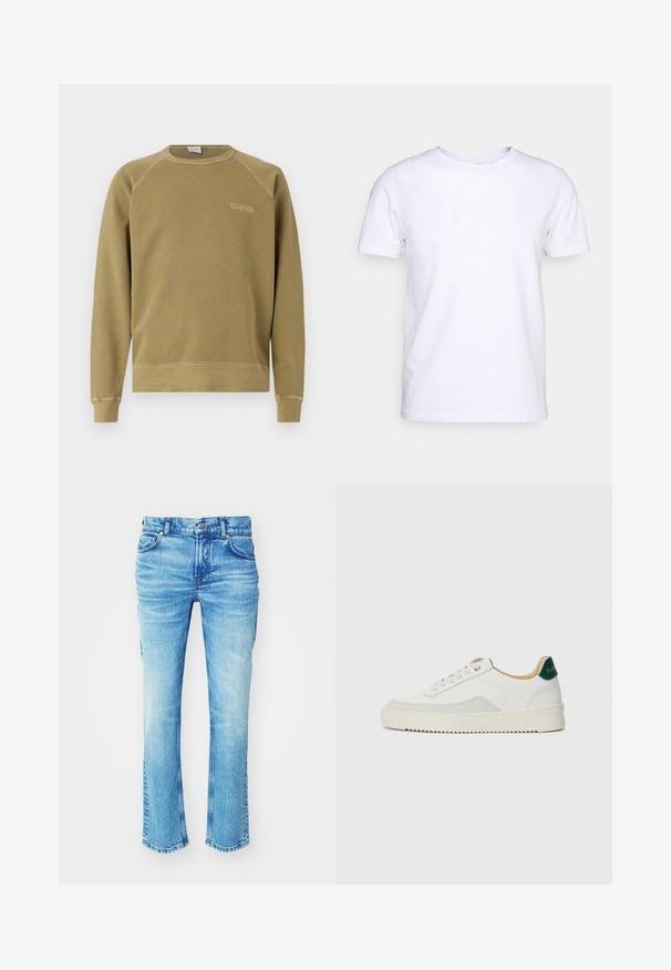Olivgrüner Sweatshirt mit Raglanärmel, Rundhalsausschnitt und gesticktem "CLOSED"-Logo. Aus weichem Baumwollstoff gefertigt, hat einen gerippten Saum.; Weißes T-Shirt mit kurzen Ärmeln aus Baumwollstoff und rundem Halsausschnitt. Schlichtes Design ohne Muster oder Akzente. Glatte Textur.; Blaue Jeans aus Denim mit einem ausgewaschenen Look, geradem Bein und rohem Saum. Verfügt über einen Fünf-Taschen-Stil und Metallknopf-Details.; Weiße Sneaker mit Wildlederelementen, runder Zehenpartie, flachen Schnürsenkeln und einer cremefarbenen Gummisohle. Mit grünen Markenlogo am Fersenbereich.