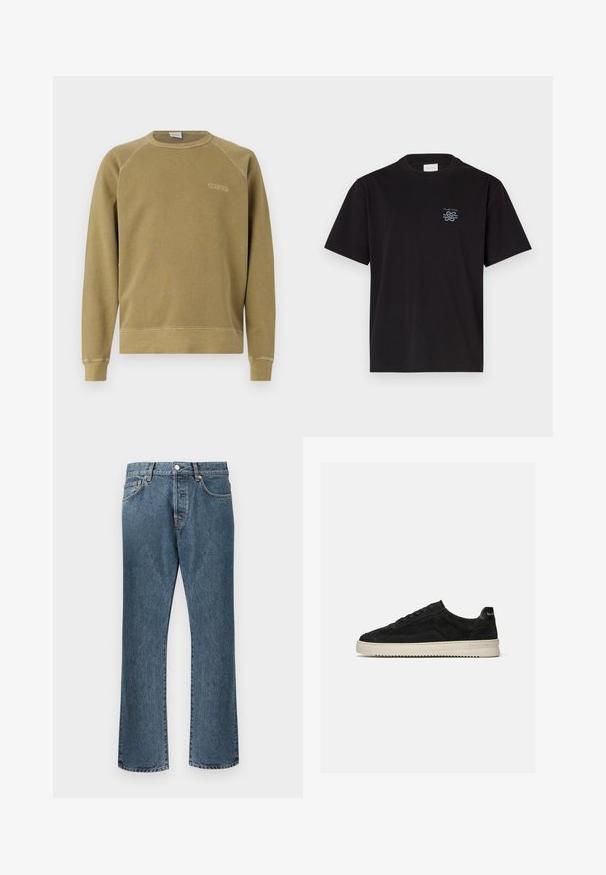 Olivgrüner Sweatshirt mit Raglanärmel, Rundhalsausschnitt und gesticktem "CLOSED"-Logo. Aus weichem Baumwollstoff gefertigt, hat einen gerippten Saum.; Schwarzes Baumwoll-T-Shirt mit Rundhalsausschnitt und kurzen Ärmeln. Mit einem kleinen blauen Logo auf der linken Brust. Einfaches, gerade geschnittenes Design.; Blaue Denim-Jeans mit geradem Bein, ausgestattet mit einem klassischen Knopf- und Reißverschluss, fünf Taschen und dezenten Ausbleichungen.; Schwarzer Wildleder-Low-Top-Sneaker mit schwarzen Schnürsenkeln und weißer Gummisohle, Seitenansicht auf schlichtem hellgrauem Hintergrund.