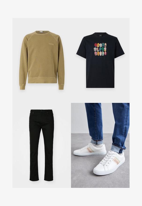 Olivgrüner Sweatshirt mit Raglanärmel, Rundhalsausschnitt und gesticktem "CLOSED"-Logo. Aus weichem Baumwollstoff gefertigt, hat einen gerippten Saum.; Schwarzes Baumwoll-T-Shirt mit einem bunten Grafikdruck verschiedener Lippen in unterschiedlichen Mustern und Farben auf der Vorderseite. Runder Halsausschnitt, kurze Ärmel.; Schwarze Denim-Jeans mit geradem Bein, fünf Taschen und Druckknopfverschluss. Glatte Textur mit dezenten Nähten.; Weiße Leder-Sneaker mit mehrfarbigen Streifen, Schnürdesign, Gummisohle und gepolstertem Kragen, kombiniert mit blauen Jeans.