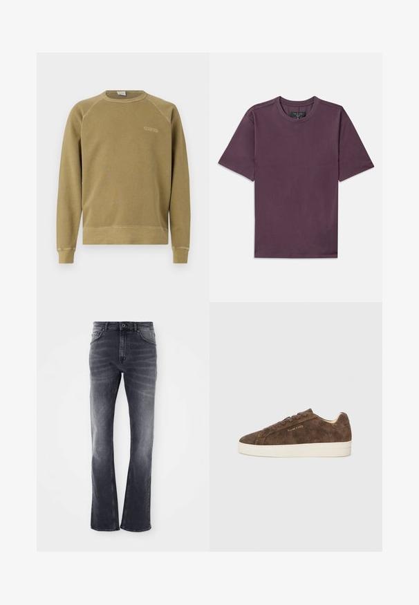 Olivgrüner Sweatshirt mit Raglanärmel, Rundhalsausschnitt und gesticktem "CLOSED"-Logo. Aus weichem Baumwollstoff gefertigt, hat einen gerippten Saum.; Schlichtes T-Shirt mit kurzen Ärmeln und Rundhalsausschnitt in dunklem Mauve, mit sichtbarem Markenlabel, das in den Kragen genäht ist.; Graue Jeans aus Denim mit einem ausgestellten Bein-Design, das eine leicht ausgewaschene Optik, fünf Taschen und einen vorderen Knopfverschluss aufweist.; Braune Wildleder-Sneaker mit niedrigem Profil, abgerundeter Spitze und weißer Gummisohle. Ausgestattet mit dunklen Schnürsenkeln und dezentem Branding an der Seite.