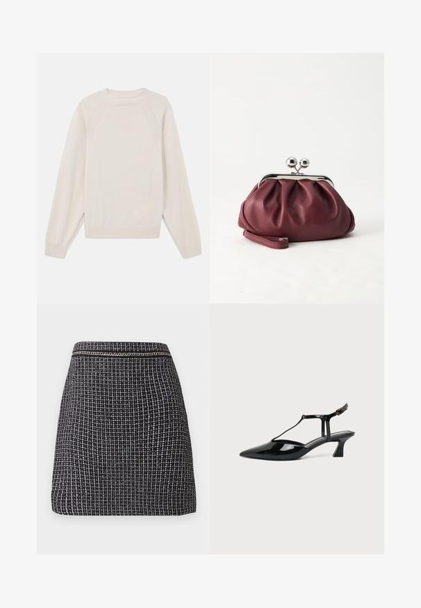 Lyscremefarvet sweater lavet af blød strikstof. Har rund hals, lange ærmer og ribbede manchetter og kant med raglanærmedesign.; Sort og hvid tweed mininederdel med en lige pasform og en dekorativ sølvkæde ved taljen.; Sort laklæder spids tå slingback sko med T-rem og lav skrå blokhæl på hvid baggrund.; Lille bordeauxlæder clutch-pung med sølv metal lukning og håndledsrem på hvid baggrund.
